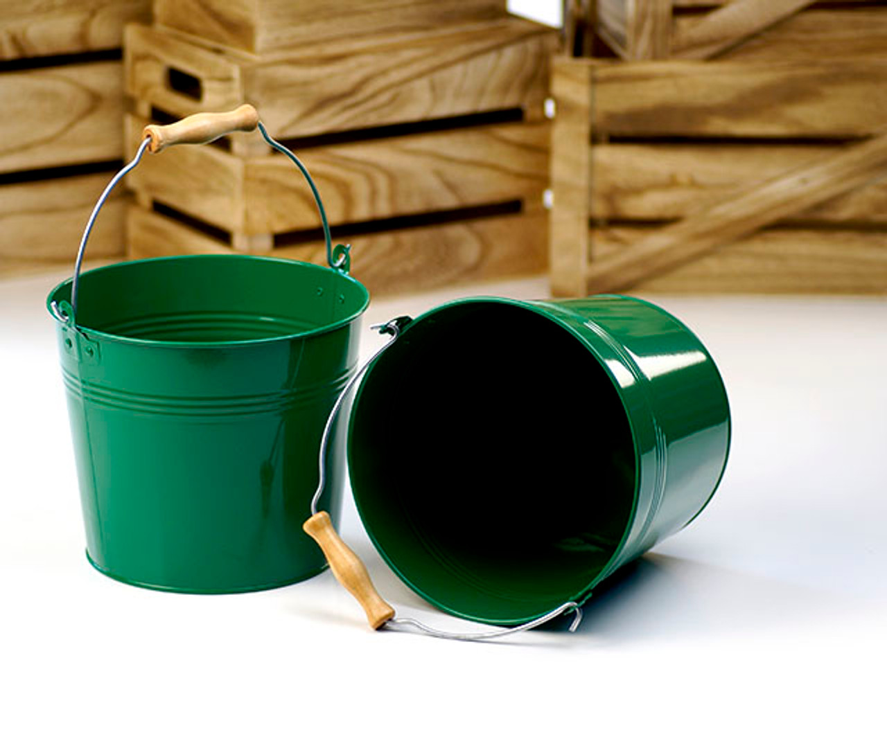 8.5 inch Round Metal Pail with Wood Handle - Green - SageBaskets